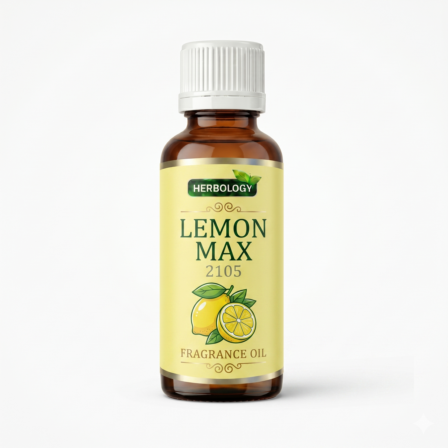 Bottle of Herbology Lemon Max fragrance oil on a white background