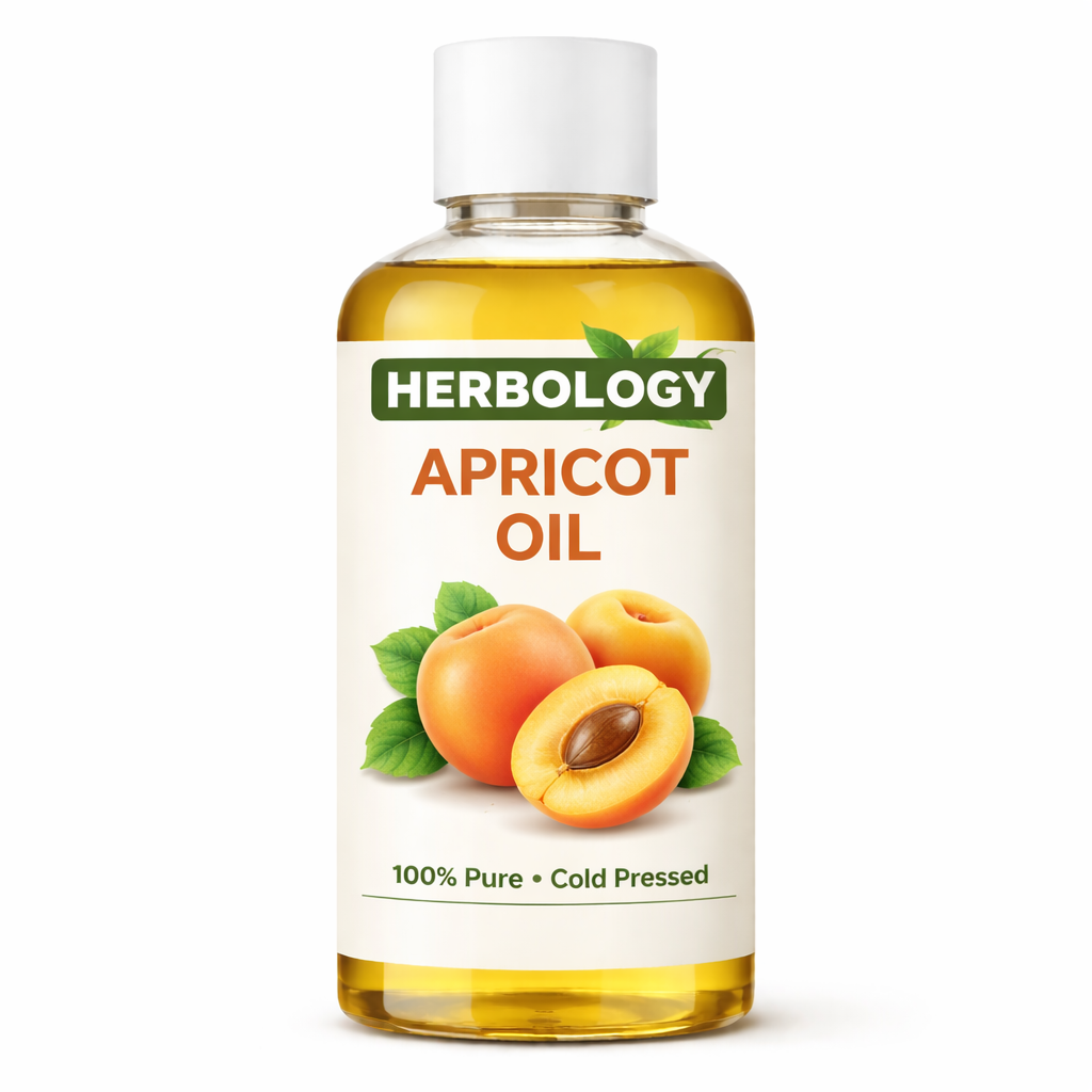 Bottle of Herbology apricot oil with a white background