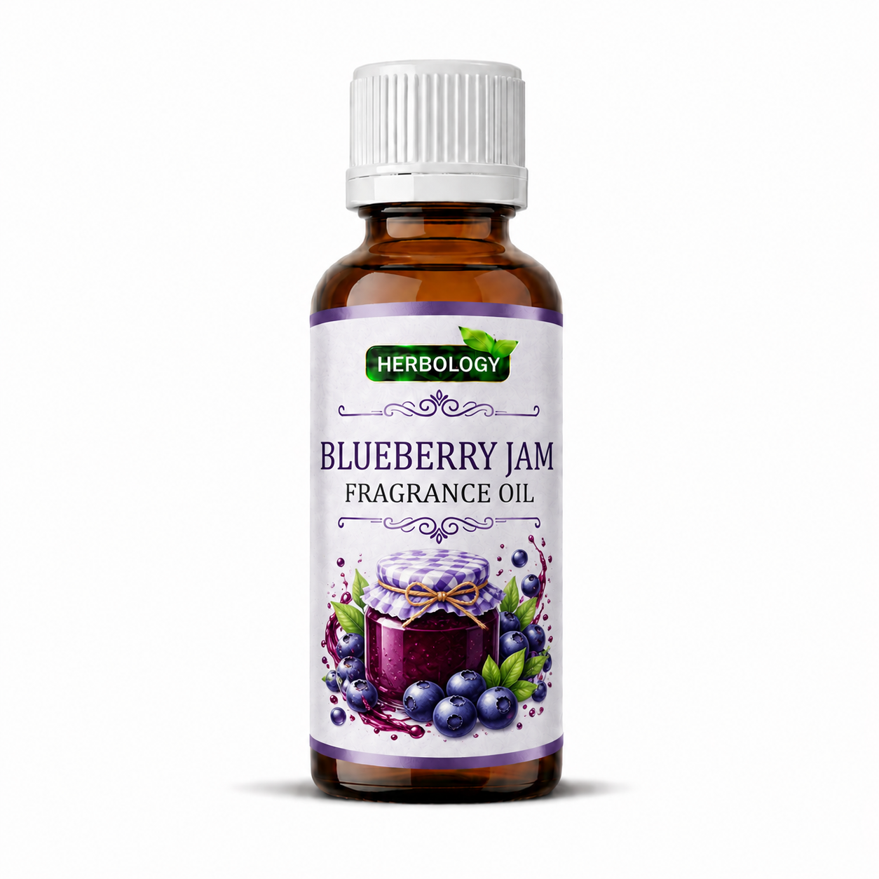 Bottle of Herbology Blueberry Jam Fragrance Oil on a white background