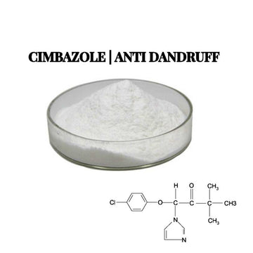 White powder in a clear glass dish with the text 'CIMBAZOLE | ANTI DANDRUFF' above it and a chemical structure diagram below on a white background.