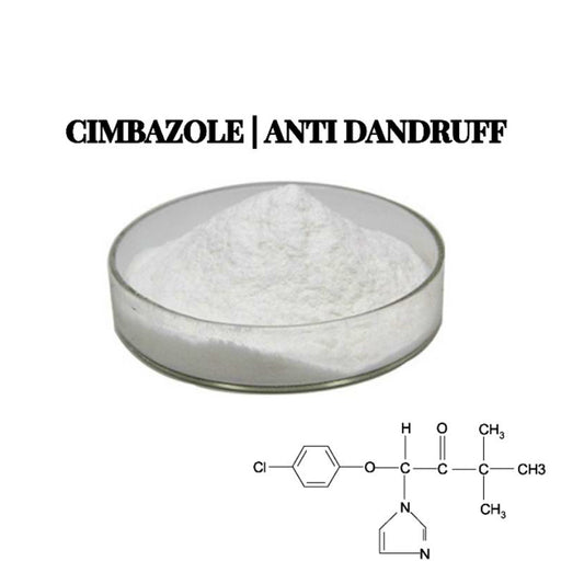 White powder in a clear glass dish with the text 'CIMBAZOLE | ANTI DANDRUFF' above it and a chemical structure diagram below on a white background.