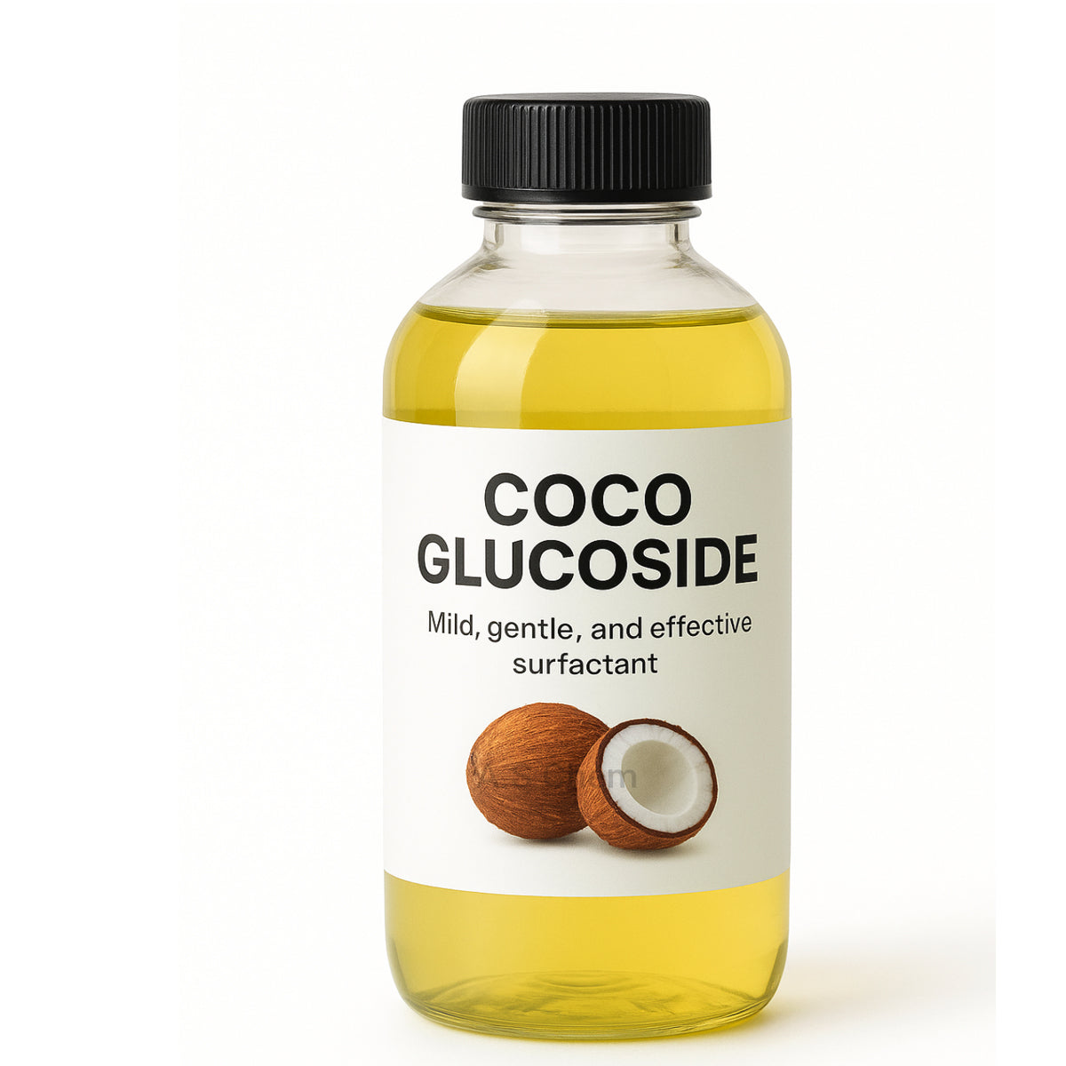 A clear bottle of Coco Glucoside surfactant filled with pale yellow liquid, featuring a white label with black text and a black cap, set against a plain white background.