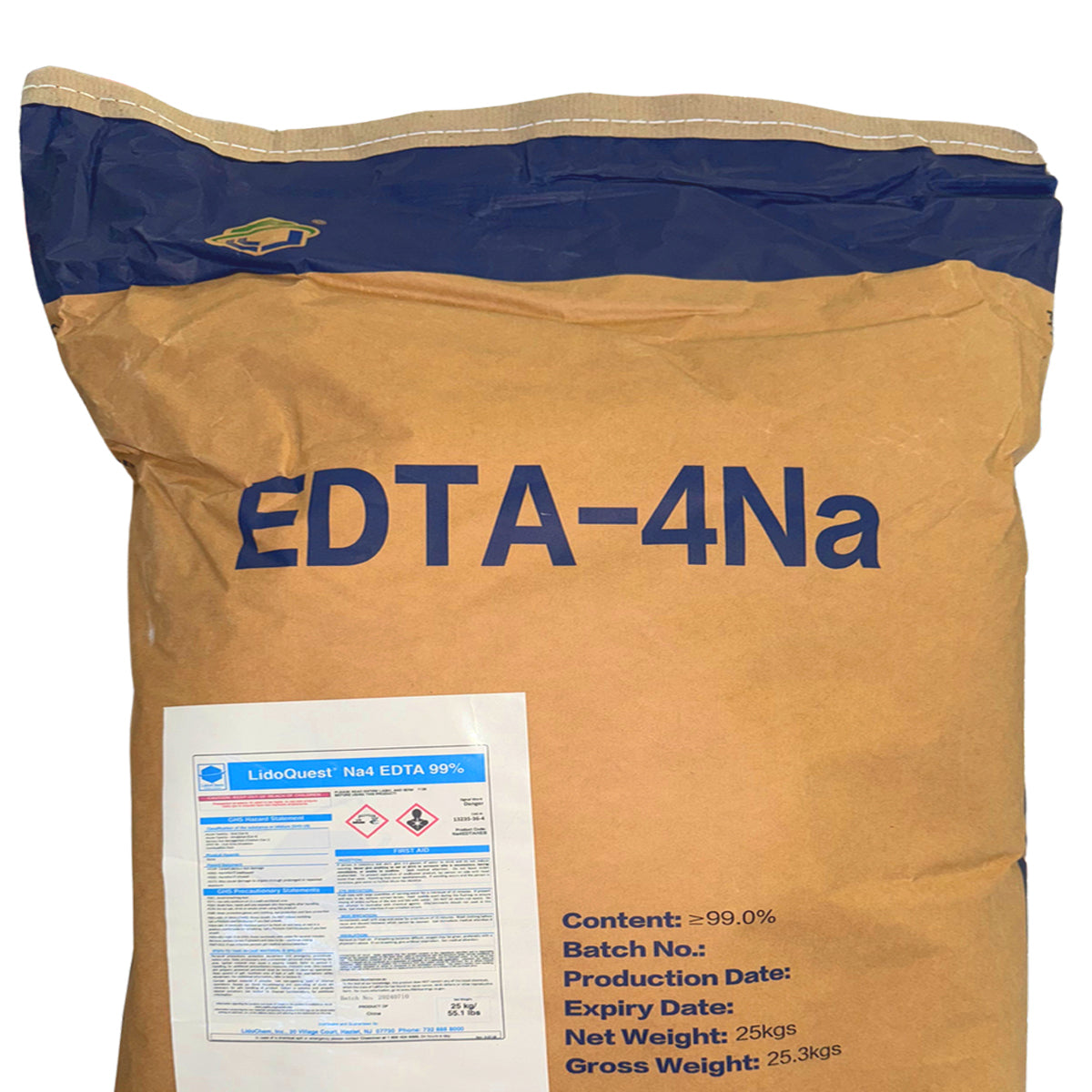 A 25kg paper bag of LifeQuest Natrium EDTA 99% (EDTA-4Na) chemical supplement, featuring a tan body, a dark blue top band, and a white label with blue and red text.