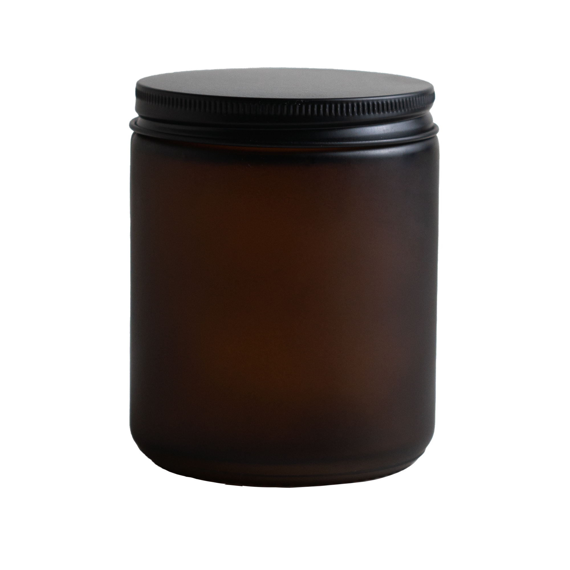 Amber glass jar with a black lid on a white background