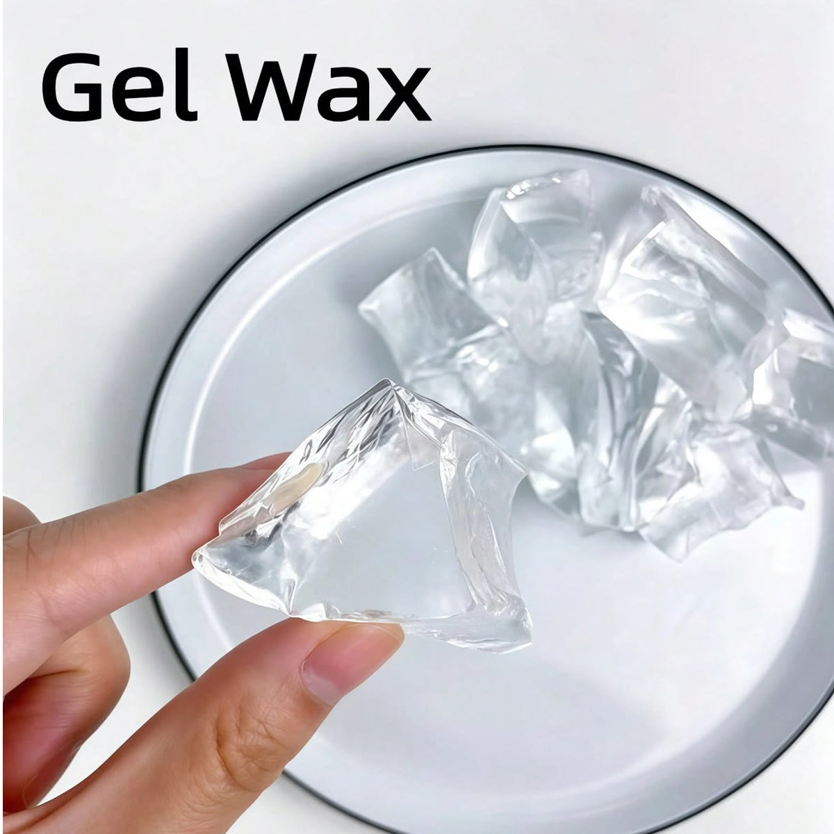 A hand holds a clear, triangular gel wax piece over a white plate with more crumpled clear gel wax pieces on it. The text 'Gel Wax' is printed in black at the top left.