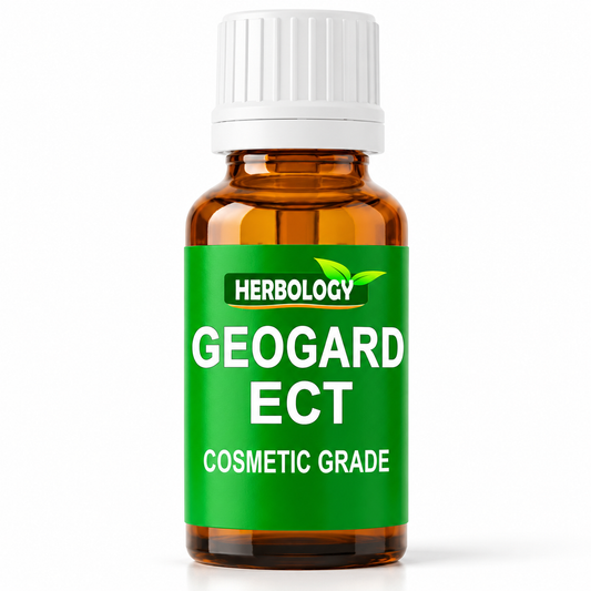 An amber glass bottle with a white ribbed cap and a bright green label reading 'HERBLOGY GEOGARD ECT COSMETIC GRADE' on a white background.
