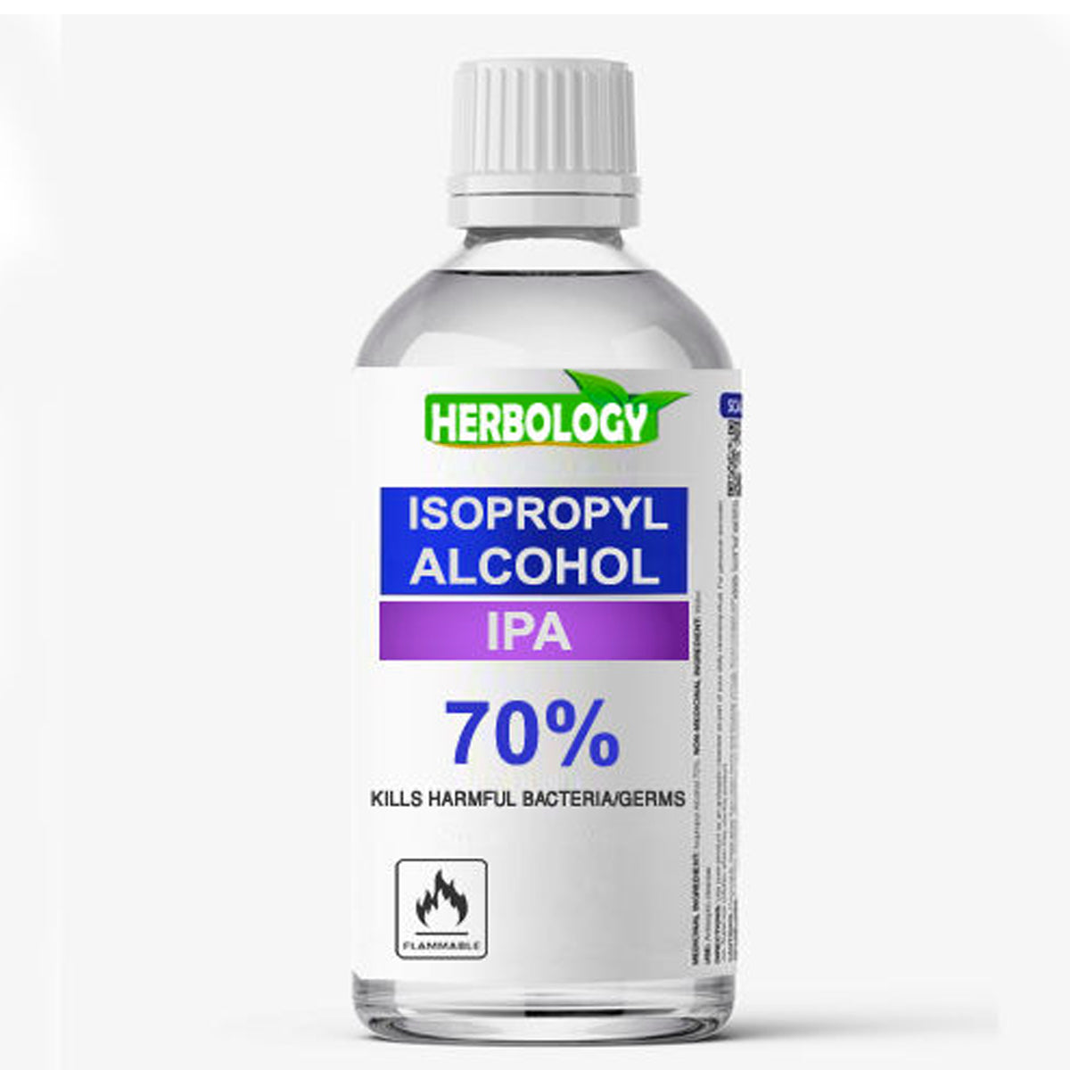 A bottle of Herbology Isopropyl Alcohol IPA 70% on a light gray background. The bottle is clear plastic with a white ribbed cap and a white label featuring blue and purple text blocks and a green Herbology logo.