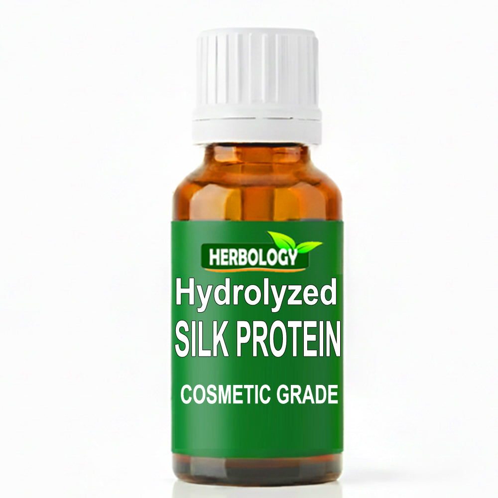 An amber glass bottle with a white ribbed cap and a green label reading 'HERBOLGY Hydrolyzed SILK PROTEIN COSMETIC GRADE' on a white background.
