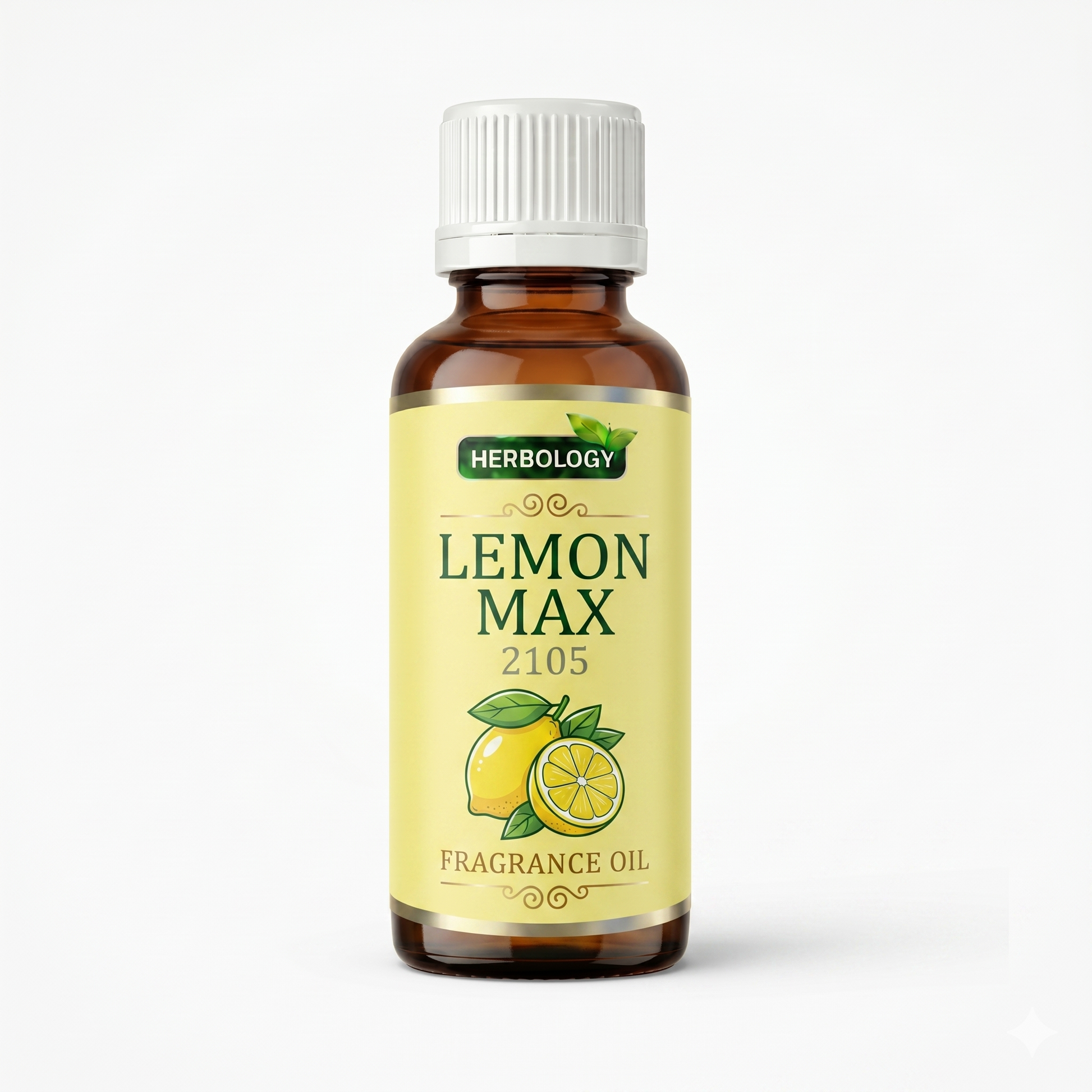 Bottle of Herbology Lemon Max fragrance oil on a white background