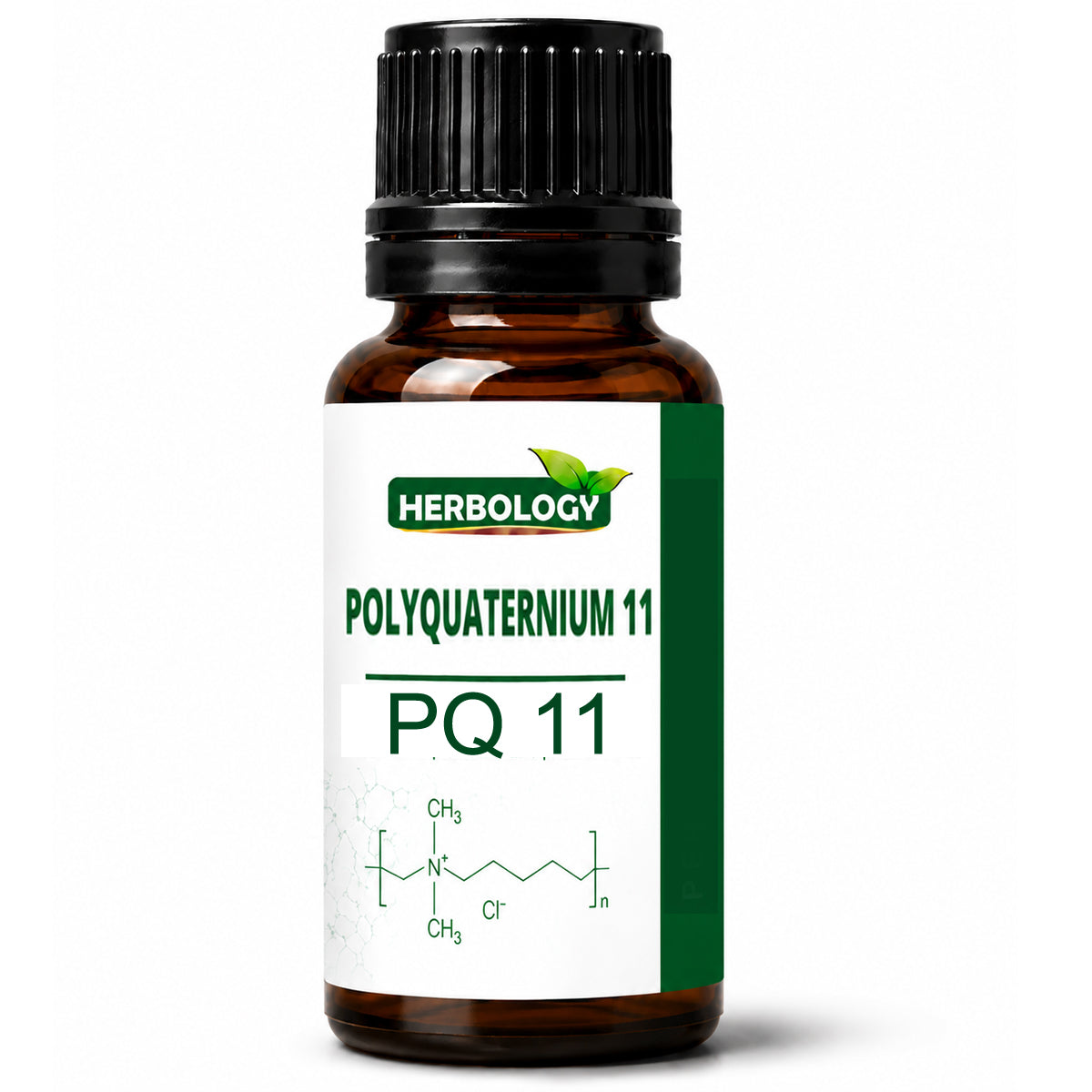 An amber glass bottle of Polyquaternium 11 (PQ 11) by Herbology, featuring a black ribbed cap and a white label with green text and a green vertical stripe.