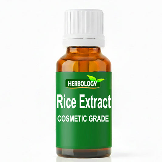 An amber glass bottle of Herbology Rice Extract cosmetic grade with a white ribbed cap and a green label, shown on a white background.