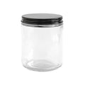 Clear glass jar with a black lid on a white background