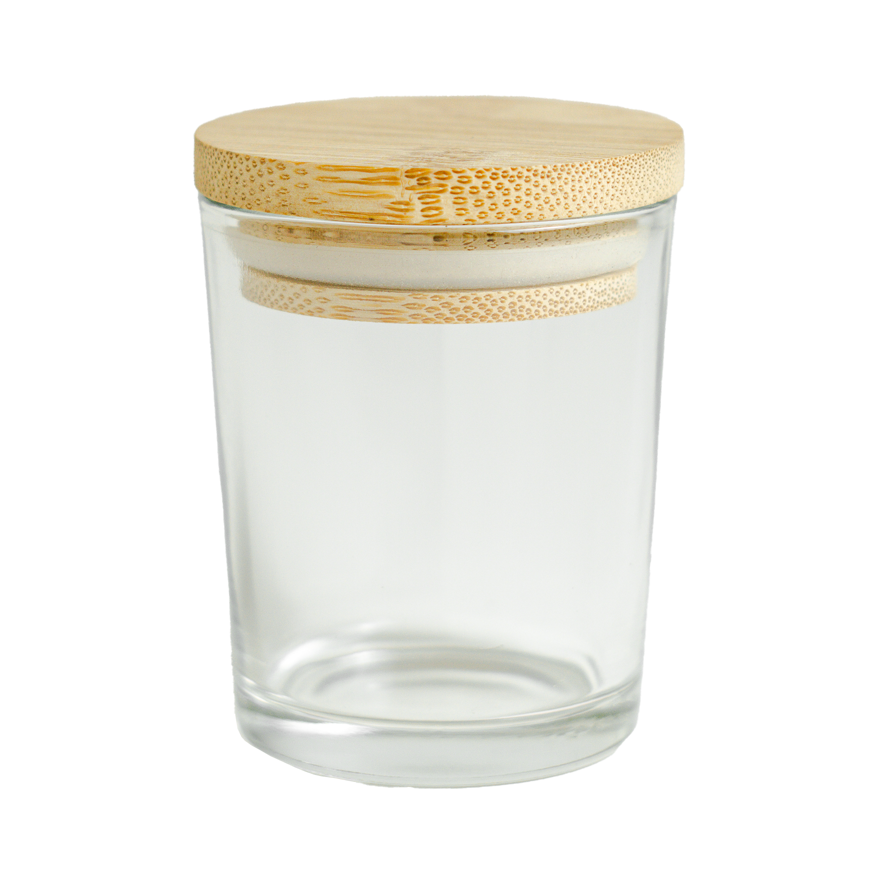 Clear glass jar with a bamboo lid on a white background