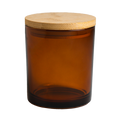 Brown glass jar with a wooden lid on a white background