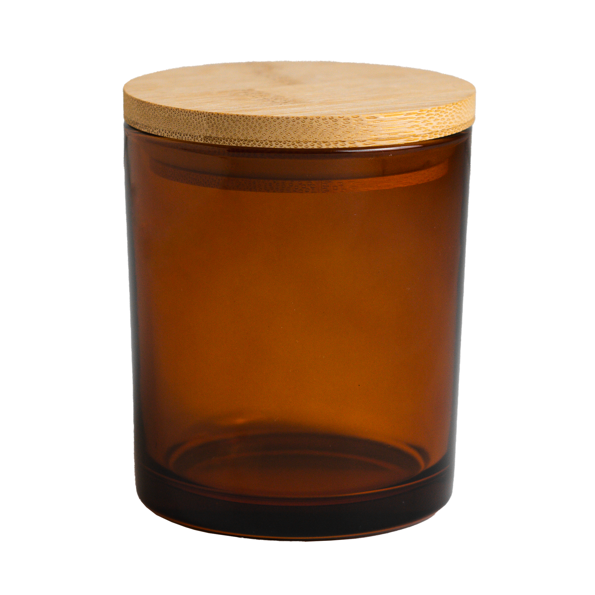 Brown glass jar with a wooden lid on a white background