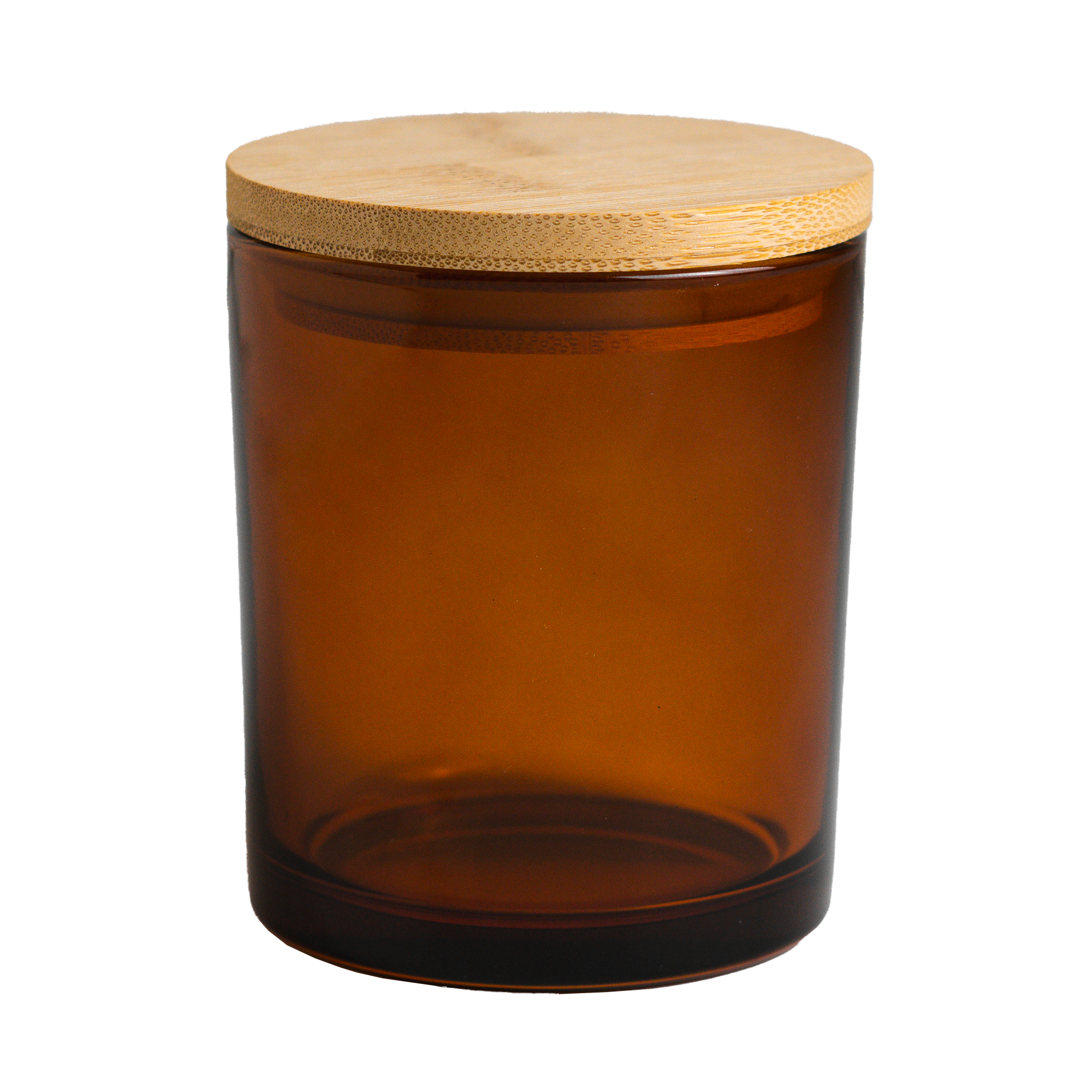 Brown glass jar with a wooden lid on a white background