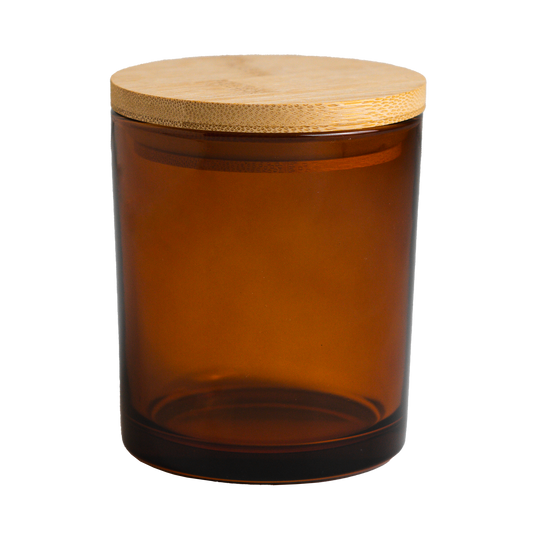 Brown glass jar with a wooden lid on a white background